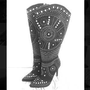 Black knee high stiletto studded bling boots